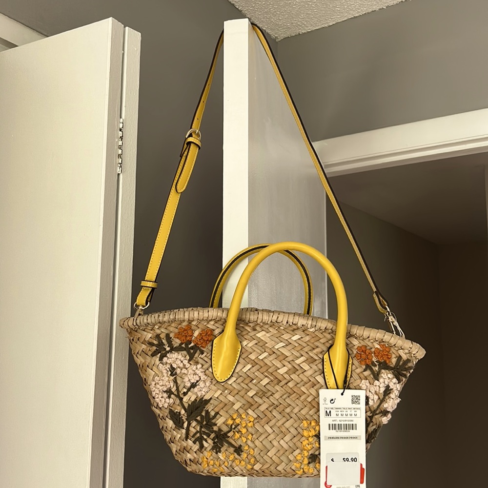 Zara embroidered wicker purse